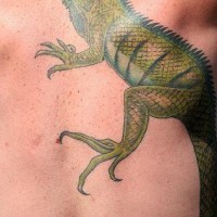 El tatuaje de una iguana en color verde en la espalda