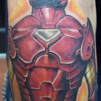 Red, strong, severe, iron man forearm tattoo