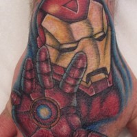 Realistic, designed, red  iron man hand tattoo
