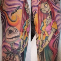 Colourful, bright jack and sally forearm tattoo