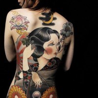 Japanese noir lady with yellow flowers full back tattoo