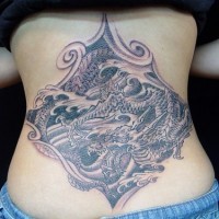 drago giapponese nella schiena inchiostro nero tatuaggio