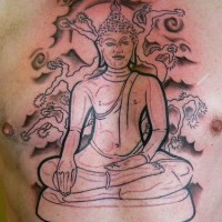 Buddha meditiert unter  japanischer Kirschblüte Tattoo