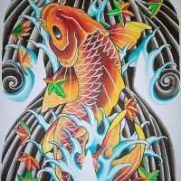 Diseño de un tatuaje estilo japonés de un pez enorme en agua
