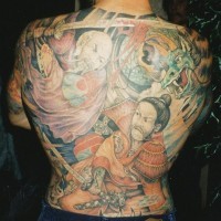 Japanese samurais and dragon full back  tattoo