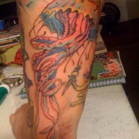 Leg tattoo, big colourful jellyfish with hearts