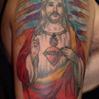 Jesus on sunset with roses tattoo in colour