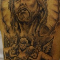 Jesus christ and cherubs black ink tattoo