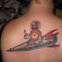 Jesus on rocketship tattoo on back
