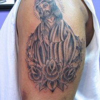 Jesus in cloak with roses tattoo
