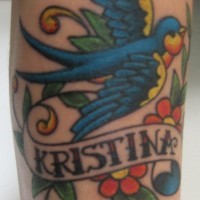 Blue sparrow with flowers tattoo