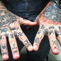 Knuckles tattoo, slim fast, spiders, letters, signs