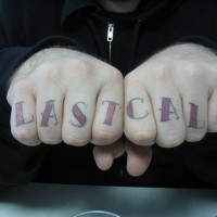 Knuckle tattoo, last call, red styled inscription
