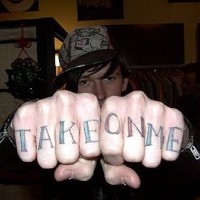 Knuckle tattoo, take on me, big colourful inscription