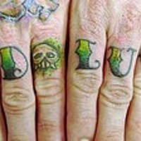 Knuckle tattoo, bad luck, green inscription with skull