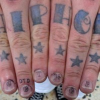 Knuckle tattoo, hiphop, big blue inscription with stars
