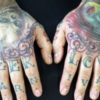 Knuckle tattoo, geer love, carnival, styled inscription