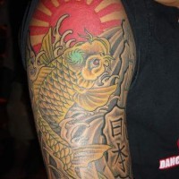 Golden third eye koi and sunrise tattoo