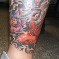 Red koi with writings in chinese tattoo