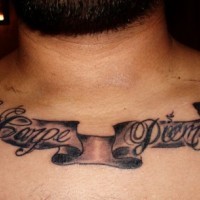 Carpe diem on stripe chest tattoo