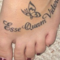 Le tatouage d’inscription Esse quam videri avec un papillon