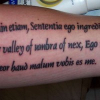 testo latino sul braccio tatuaggio