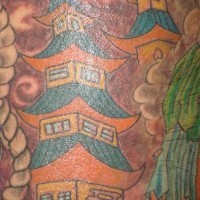 Leg tattoo, colourful tall, designed houses between clouds