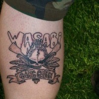 Leg tattoo, wasabi gang green, skull