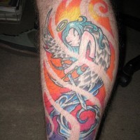 Leg tattoo, winged, fantastic mermaid