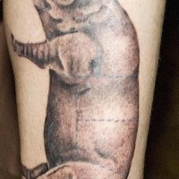 Tatuaje en la pierna, cerdo gordo grande, descolorido