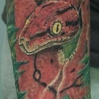 Leg tattoo, big red snake with rose
