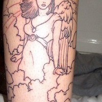 Tatuaje en la pierna, chica ángel en el cielo, rosas