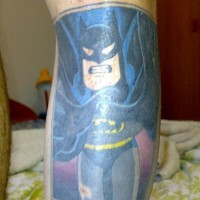 Leg tattoo, black, angry cartoon batman