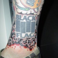 Leg tattoo, black flag, guitar, skulls