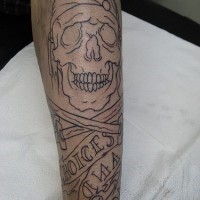 Leg tattoo, black drawings, teethy skull, choices