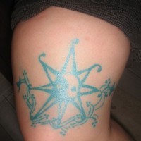 Leg tattoo, many edged star, circle male-female styled