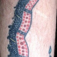 Leg tattoo, long tied colourful snake