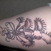 Tatuaje en la pierna, planta inexistente con gusanos