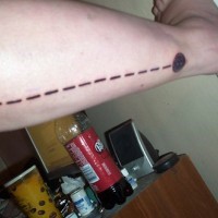 Leg tattoo,black  long dotted line with black circle