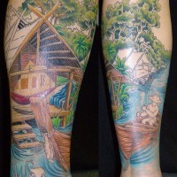 Leg tattoo, country quiet place, man in boat is fishing