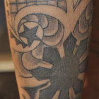 Leg tattoo design, black figures, objects, stars