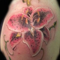 El tatuaje de un Lirio color rosa y negro con unos puntos negros en los petalos y unas guias verdes alrededor