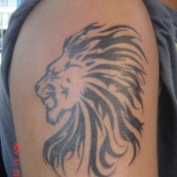 Tribal lion head tattoo on shoulder