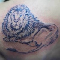 Lying lion black ink tattoo