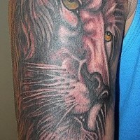 El tatuaje en el brazo de la cabeza de un leon con ojos de color