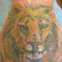 El tatuaje de la cabeza de un león amarillo en  la mano