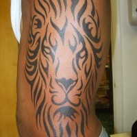 El tatuaje tribal grande a todo el costado de la cabeza de un leon negro