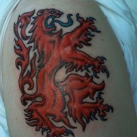 El tatuaje heraldico con un leon rojo en el hombro o brazo