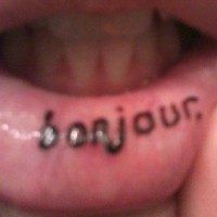 Lip tattoo, bonjour, black styled word