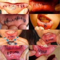 Tatouage sur la lèvre les mots l'amour, le coq, l'livèche, le sang, cinglé et dollar